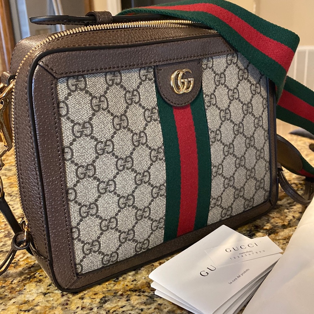 AUTHENTIC ❤️ Gucci Ophidia Zip Around Camera Gg Coated Canvas Small Shoulder Bag